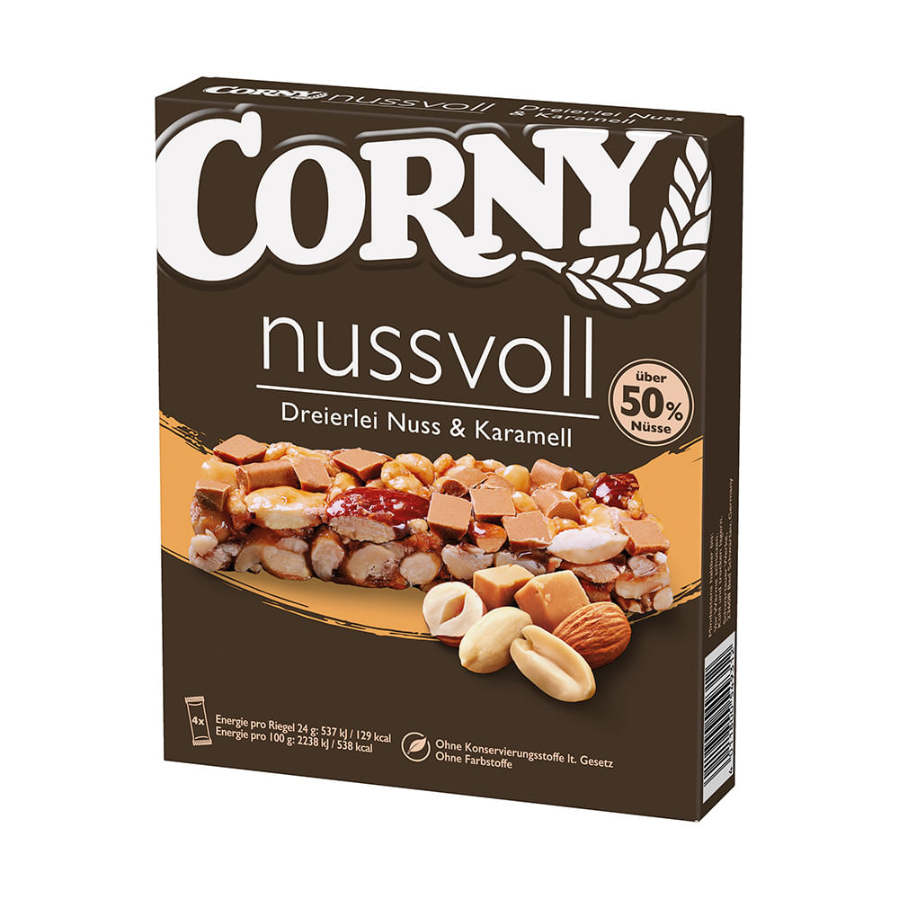 Barras de Cereal Sabor Tres Nueces y Caramelo 96 Grs x 4 Un Corny