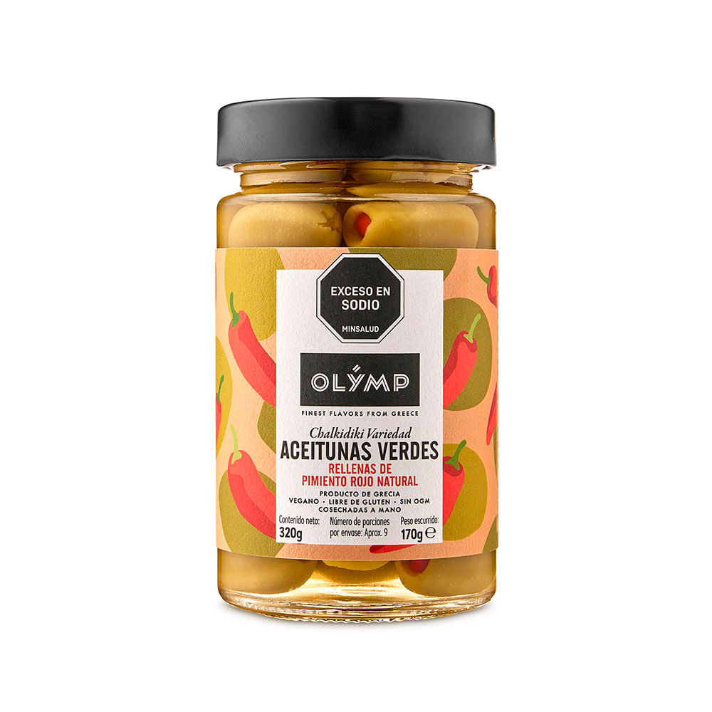 Aceitunas Verdes Rellenas de Pimiento Rojo Premium 320 Grs Olymp