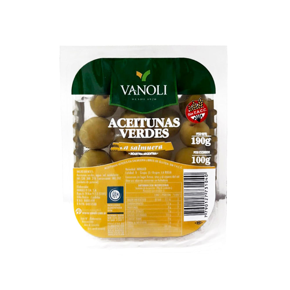 Aceitunas Verdes en Salmuera 190 Grs Vanoli