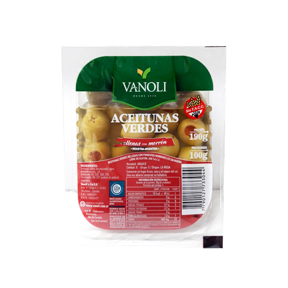 Aceitunas Verdes rellenas de morrón 190 Grs Vanoli