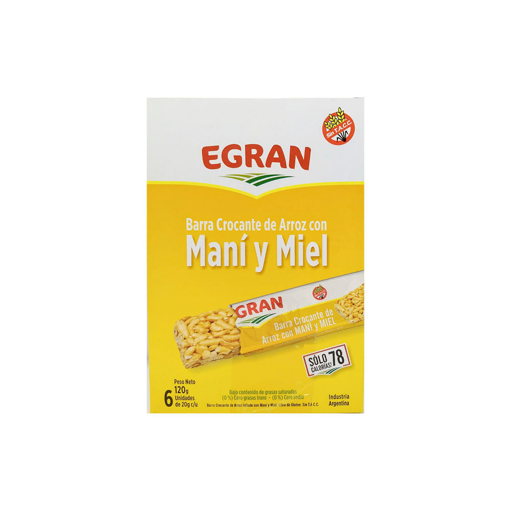 Barras de Arroz Sabor Maní y Miel 120 Grs x 6 Un Egran