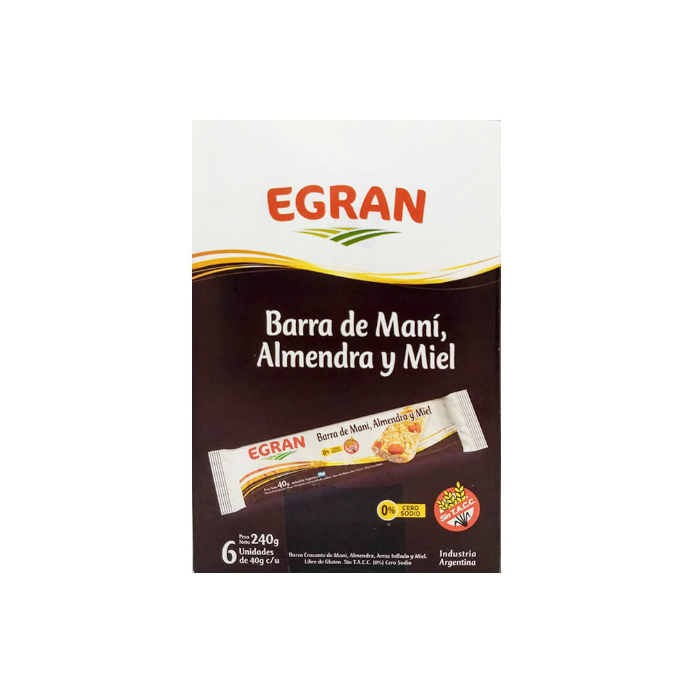 Barras de Arroz Sabor Maní Almendras y Miel 240 Grs x 6 Un Egran