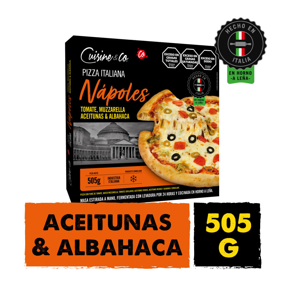 Pizza Sabor Tomate Muzzarella Aceitunas y Albahaca Congelada x 1 Un 505 Grs Cuisine y Co Premium
