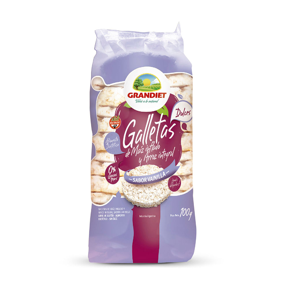 Galletitas de Arroz y Maíz Inflado Sabor Vainilla 100 Grs Grandiet