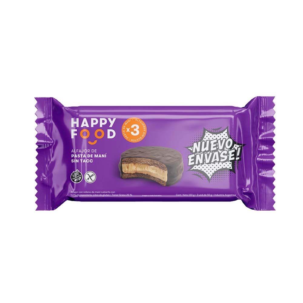 Alfajor De Pasta De Maní Y Chocolate 150 Gr  X 3 Un Happy Food