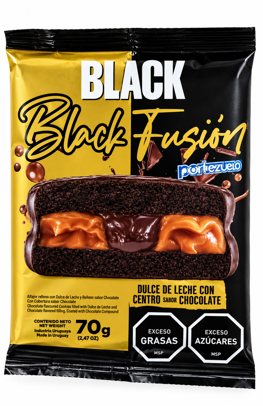 Alfajor Black Fusion dulce de leche con centro sabor chocolate